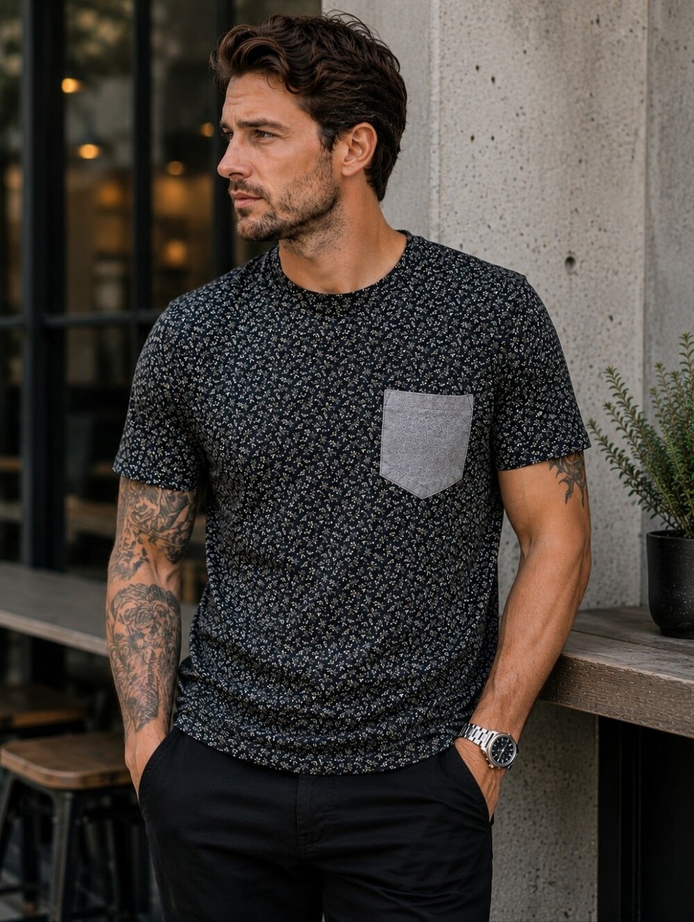 ALL SAINTS Infinate Crew Cotton Suede Leather Pocket Short Sleeve Tee Shirt